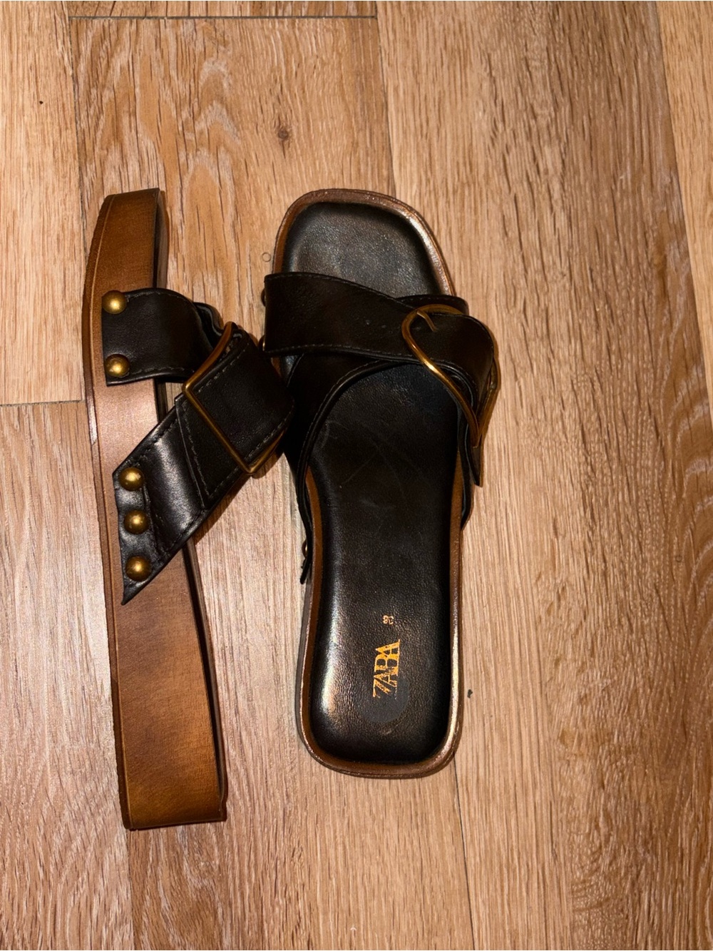 Zara Black Leather Slide Sandals with Brown Sole and Gold Hardware
